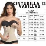 Cinturilla 13 varillas para mujer, tabla de medidas y peso.
