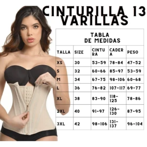 Cinturilla 13 varillas para mujer, tabla de medidas y peso.