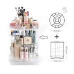 Organizador de maquillaje giratorio 360°, con compartimentos para brochas, labiales y cremas.