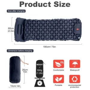 Colchoneta de camping autoinflable ligera para exteriores, 190cm x 75cm.