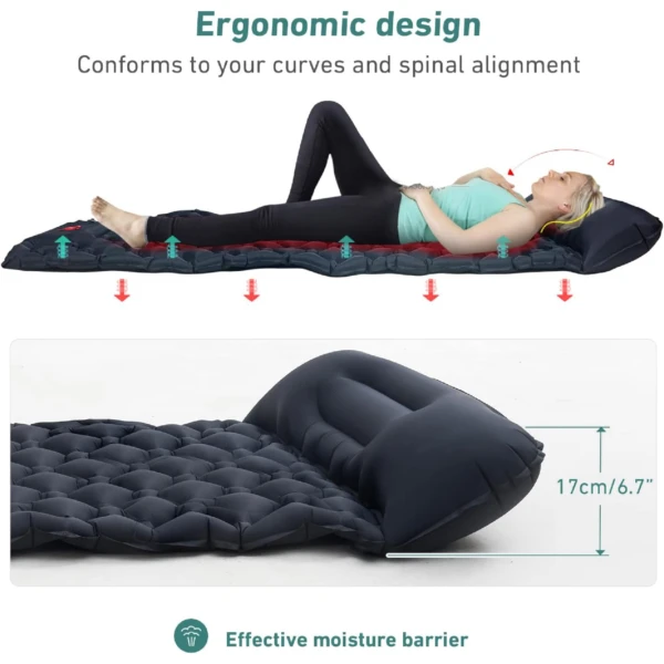 Colchoneta de camping autoinflable ligera, ergonómica y con barrera de humedad.