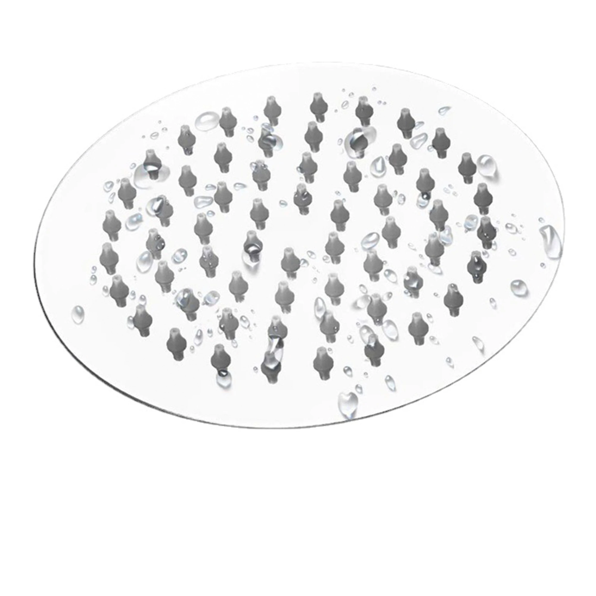 Regadera redonda de 20 cm de diámetro con chorros de agua y gotas.