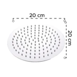Regadera redonda de 20 cm de diámetro, con chorros plateados, ideal para baño moderno.