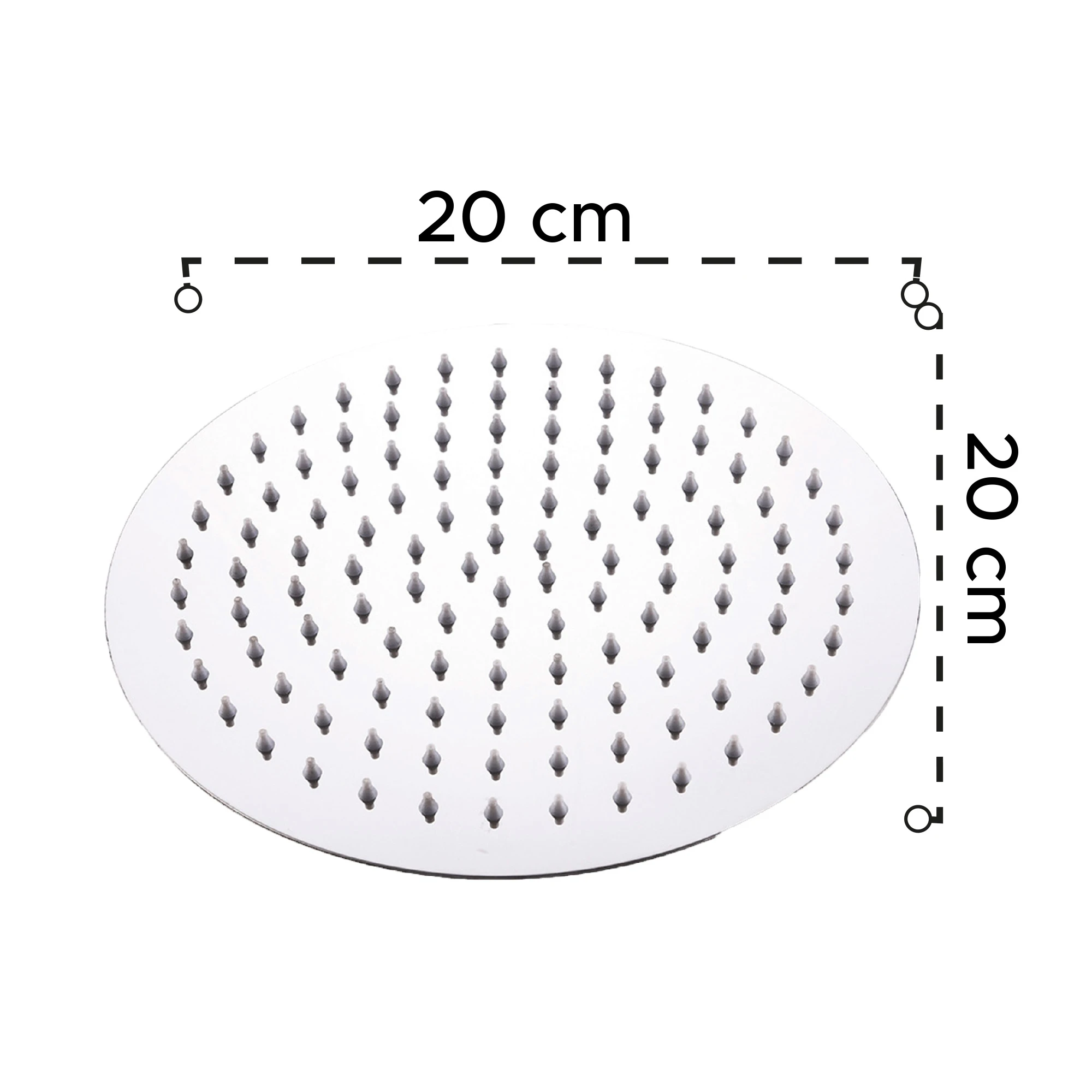 Regadera redonda de 20 cm de diámetro, con chorros plateados, ideal para baño moderno.