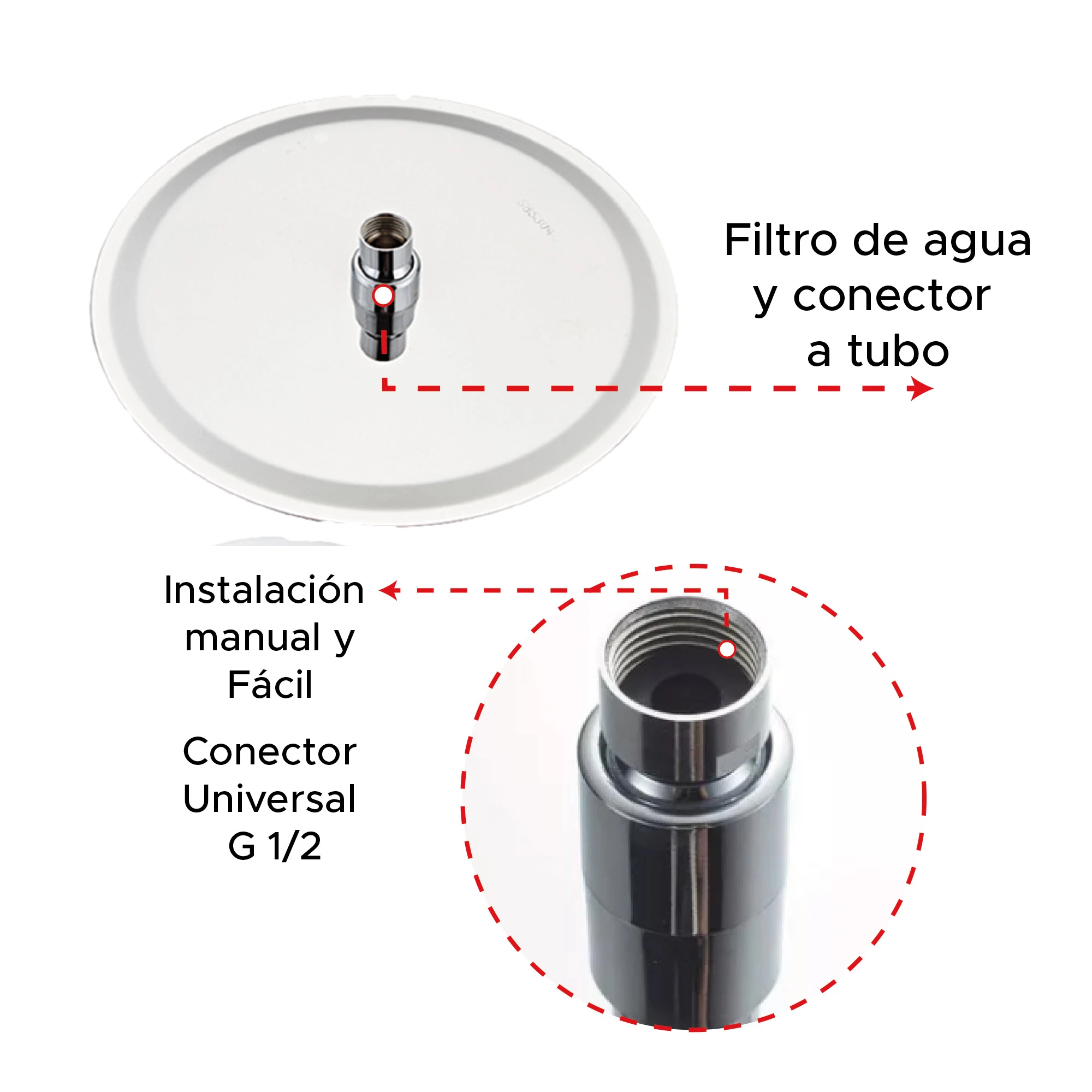 Regadera redonda de 20 cm con conector universal G 1/2 para instalación fácil.