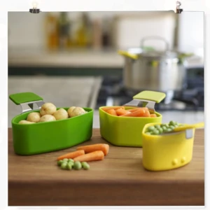 Kit de 3 escurridores de silicona multiusos: papas, zanahorias y guisantes listos para cocinar.
