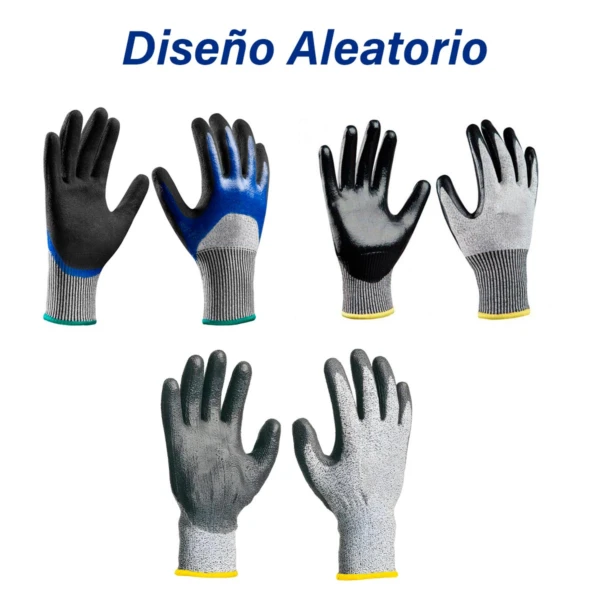 Guantes anti corte protección GA2017 disponibles en varios diseños y colores vibrantes para seguridad.