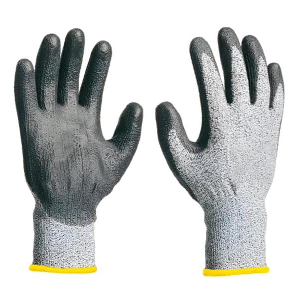 Guantes anti corte protección Ga2017, grises, con borde amarillo, para manos.