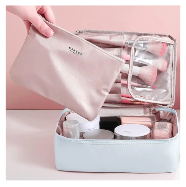 Cosmetiquera de viaje 2 en 1: bolso de maquillaje con compartimentos para brochas y productos de belleza.
