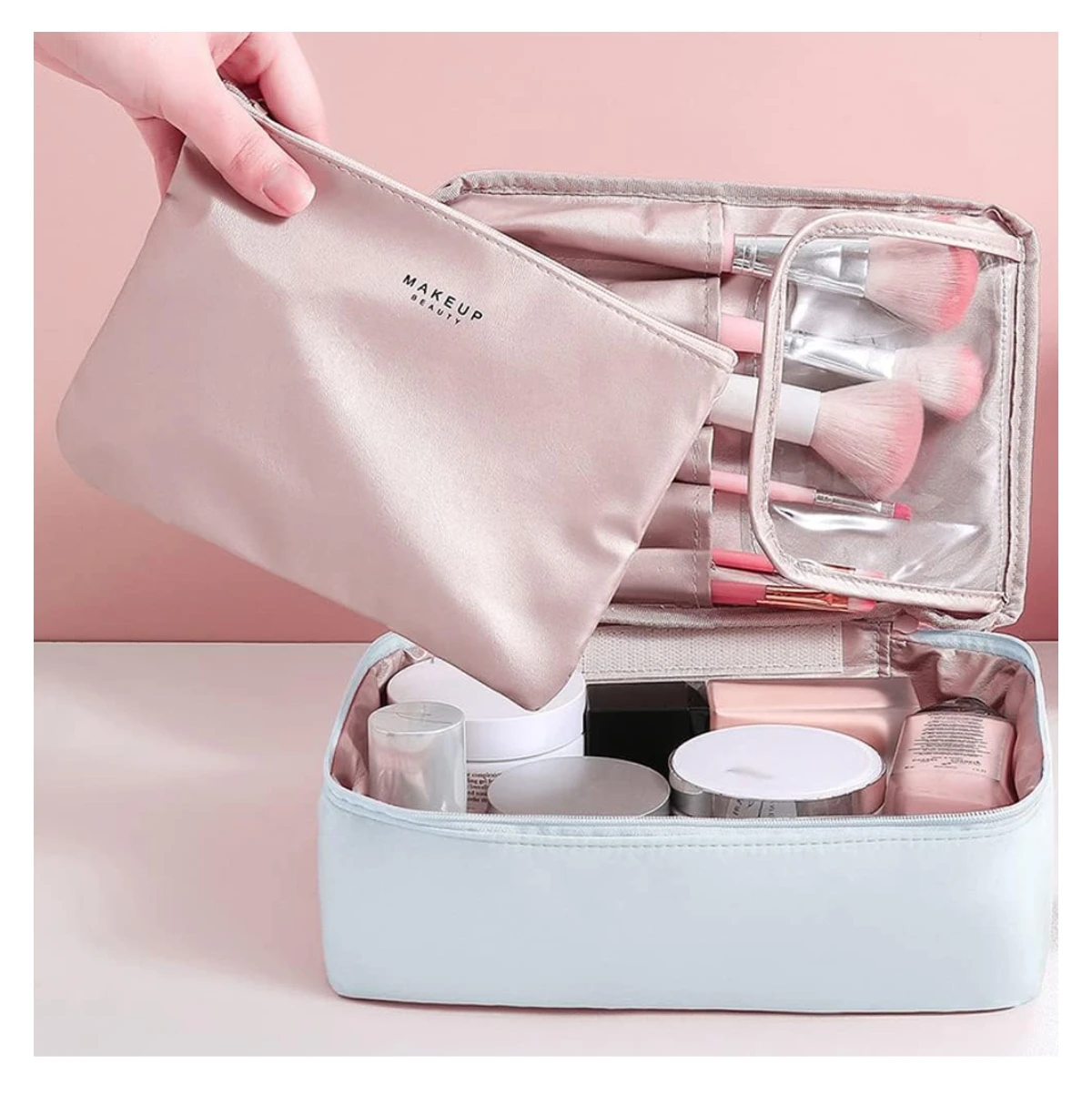 Cosmetiquera de viaje 2 en 1: bolso de maquillaje con compartimentos para brochas y productos de belleza.