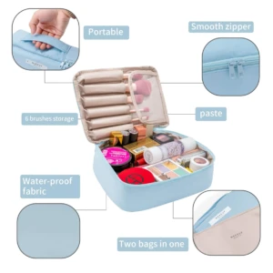 Cosmetiquera de viaje para maquillaje, 2 en 1, con compartimentos para brochas y diseño impermeable.