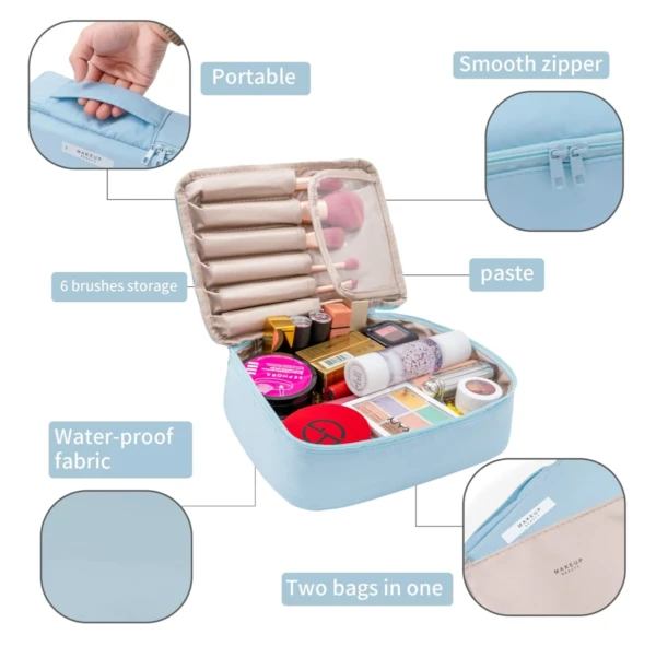 Cosmetiquera de viaje para maquillaje, 2 en 1, con compartimentos para brochas y diseño impermeable.