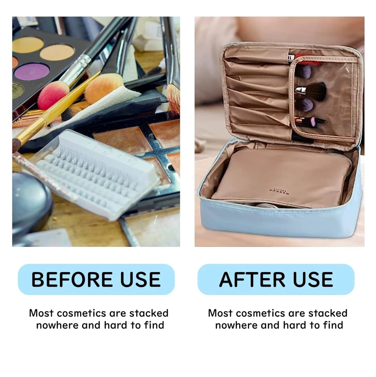 Cosmetiquera de viaje 2 en 1: organización para tu maquillaje antes y después de usar.