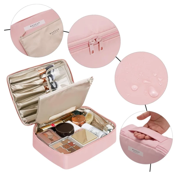 Cosmetiquera de viaje rosa 2 en 1 con brochas, maquillaje y compartimentos para organizar tus productos de belleza.