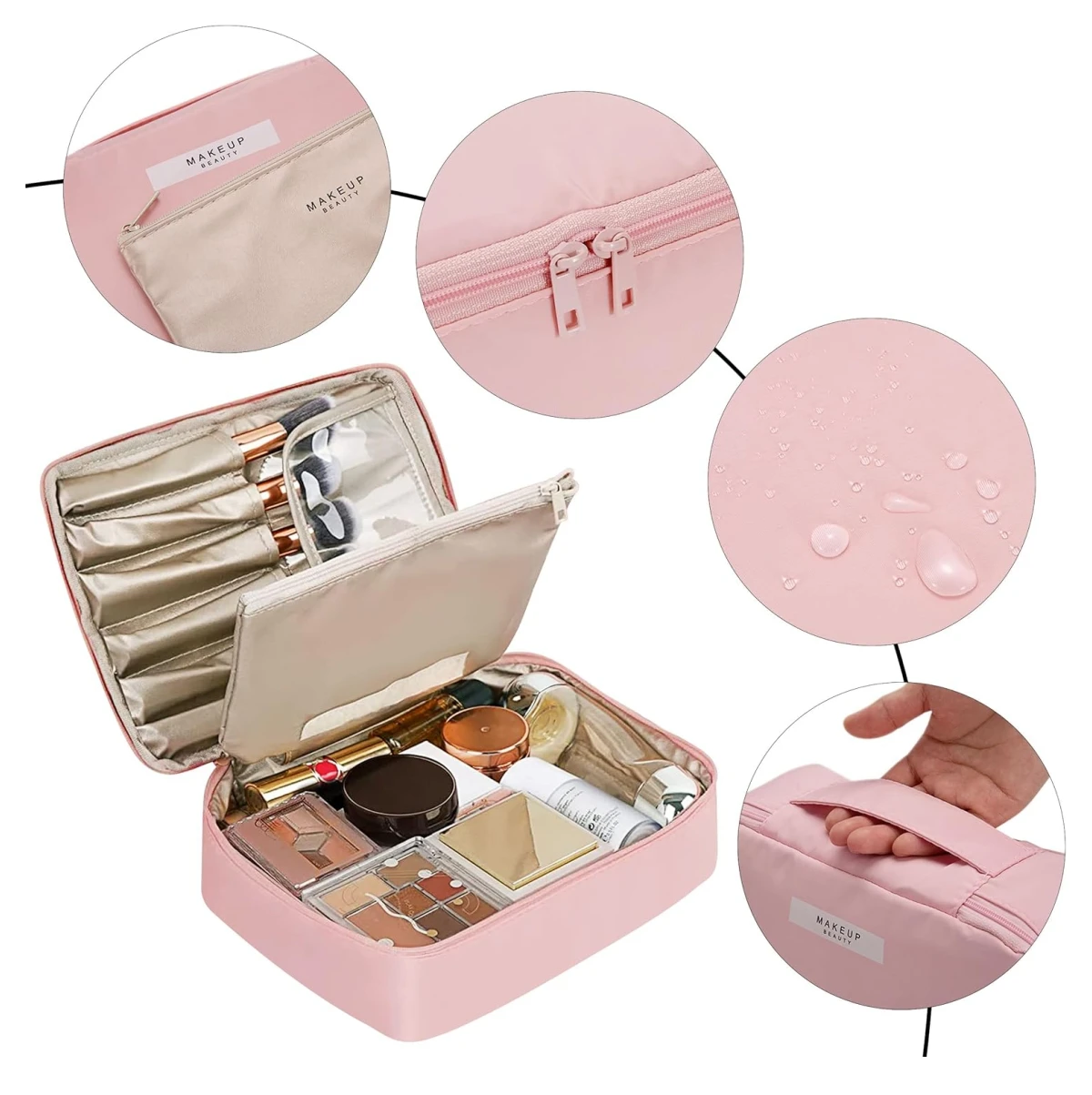 Cosmetiquera de viaje rosa 2 en 1 con brochas, maquillaje y compartimentos para organizar tus productos de belleza.