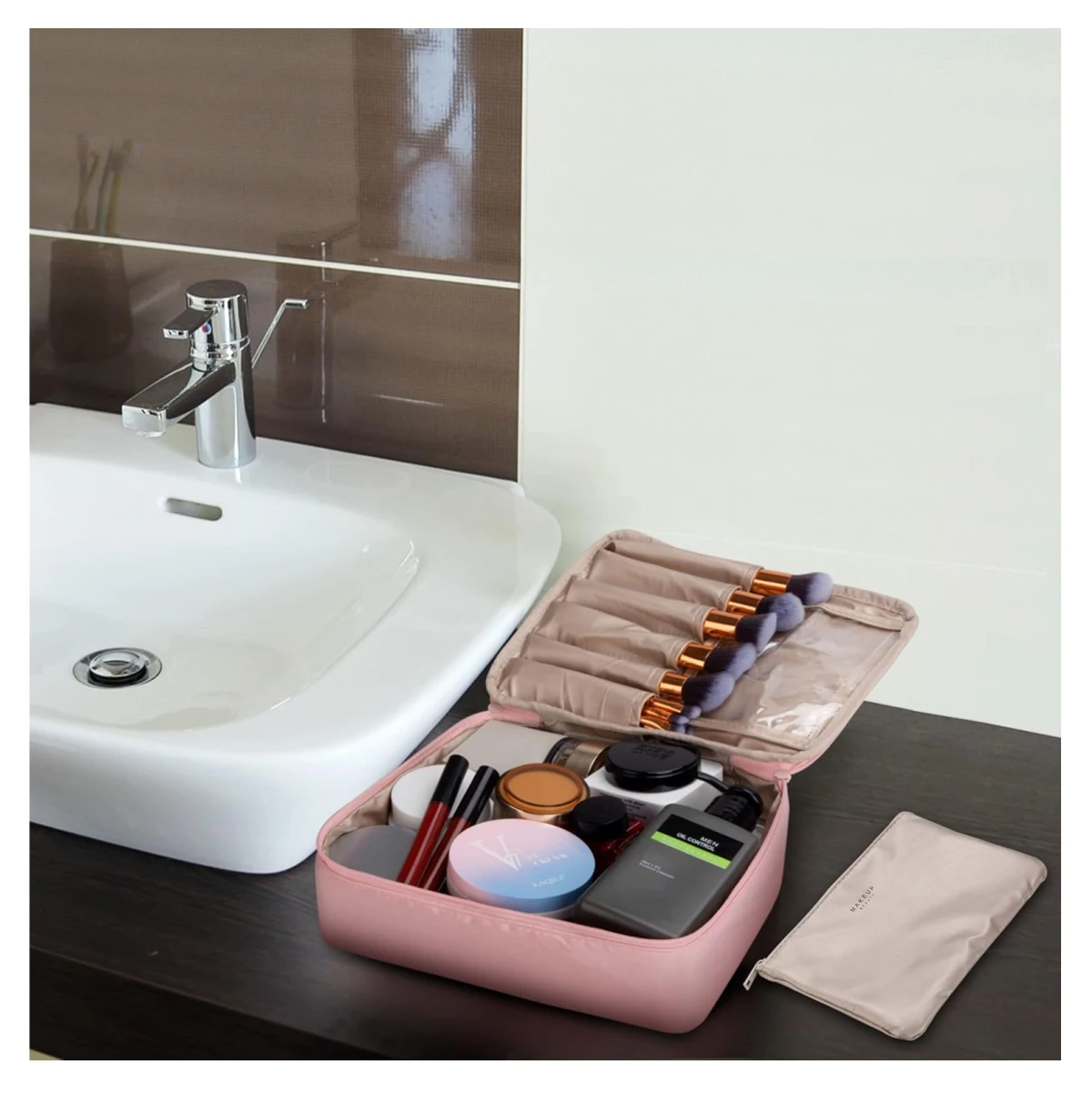 Cosmetiquera de viaje 2 en 1: bolso de maquillaje con compartimentos y brochas organizadas.