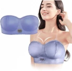 Masajeador eléctrico de senos azul con control, realzando busto femenino.