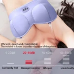 Masajeador eléctrico de senos en uso, silencioso y cómodo con niveles de decibelios y contexto de uso.