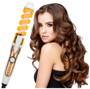 Rizador para cabello Rz-8588 en espiral naranja, modelo con mujer y ondas.