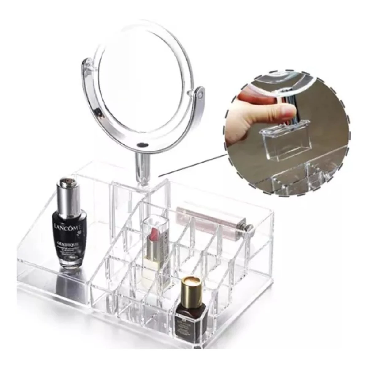 Organizador de maquillaje Gw-555 transparente con espejo y compartimentos para labiales y perfumes.