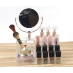Organizador de maquillaje Gw-555 con espejo, brochas y labiales brillantes.