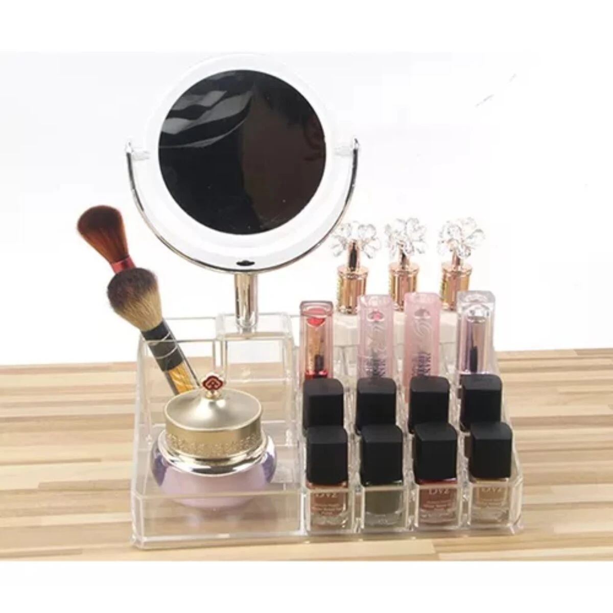 Organizador de maquillaje Gw-555 con espejo, brochas y labiales brillantes.