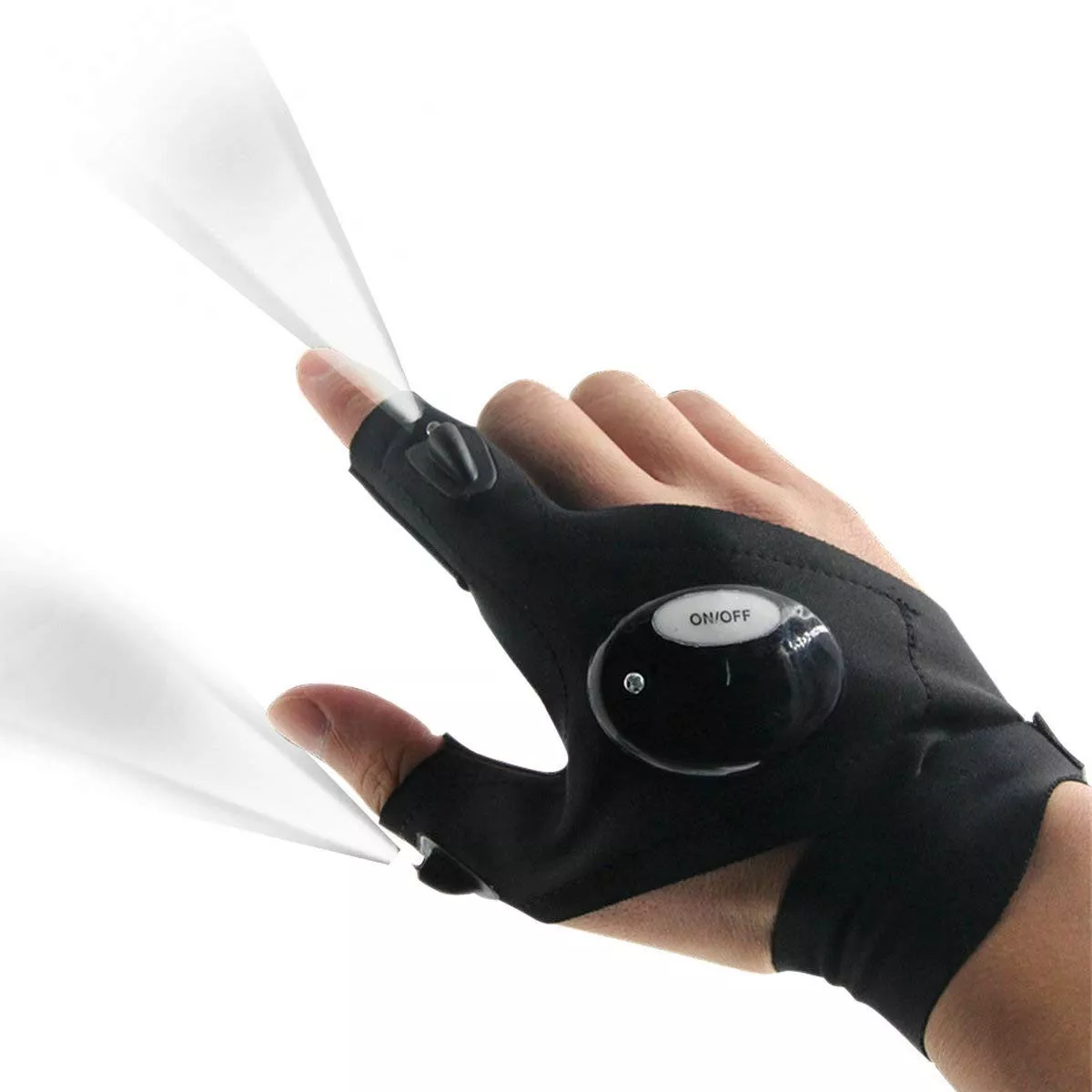 Guante linterna de luz LED en dedo índice y pulgar, con control ON/OFF en la mano.