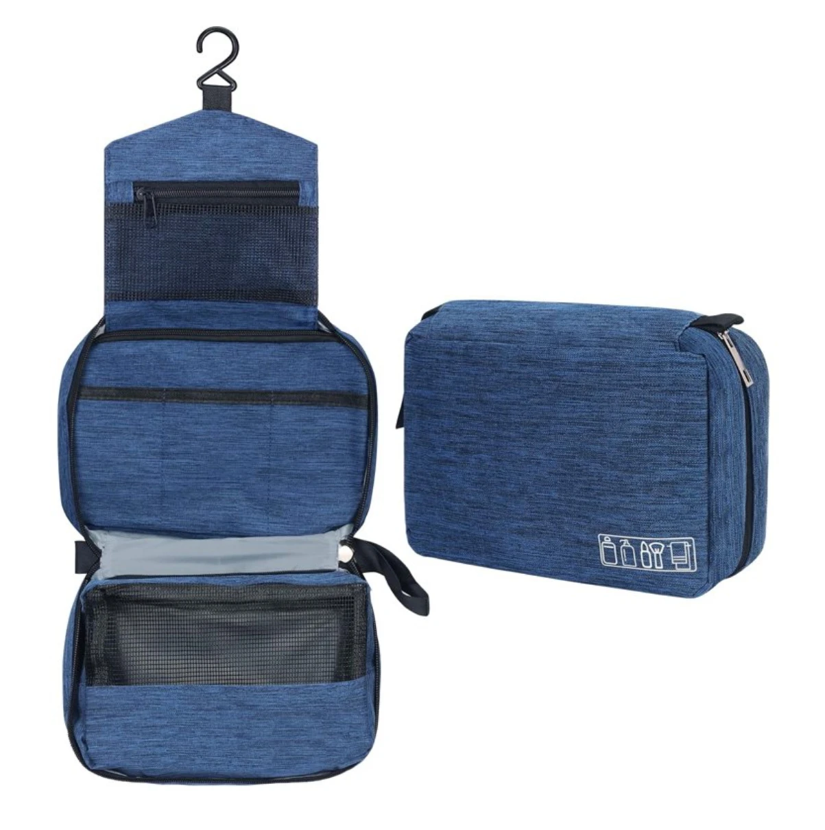 Neceser colgante azul de viaje con compartimentos y organizador de aseo.