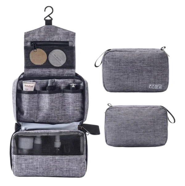 Neceser colgante de viaje para artículos de aseo personal, gris, con múltiples compartimentos.