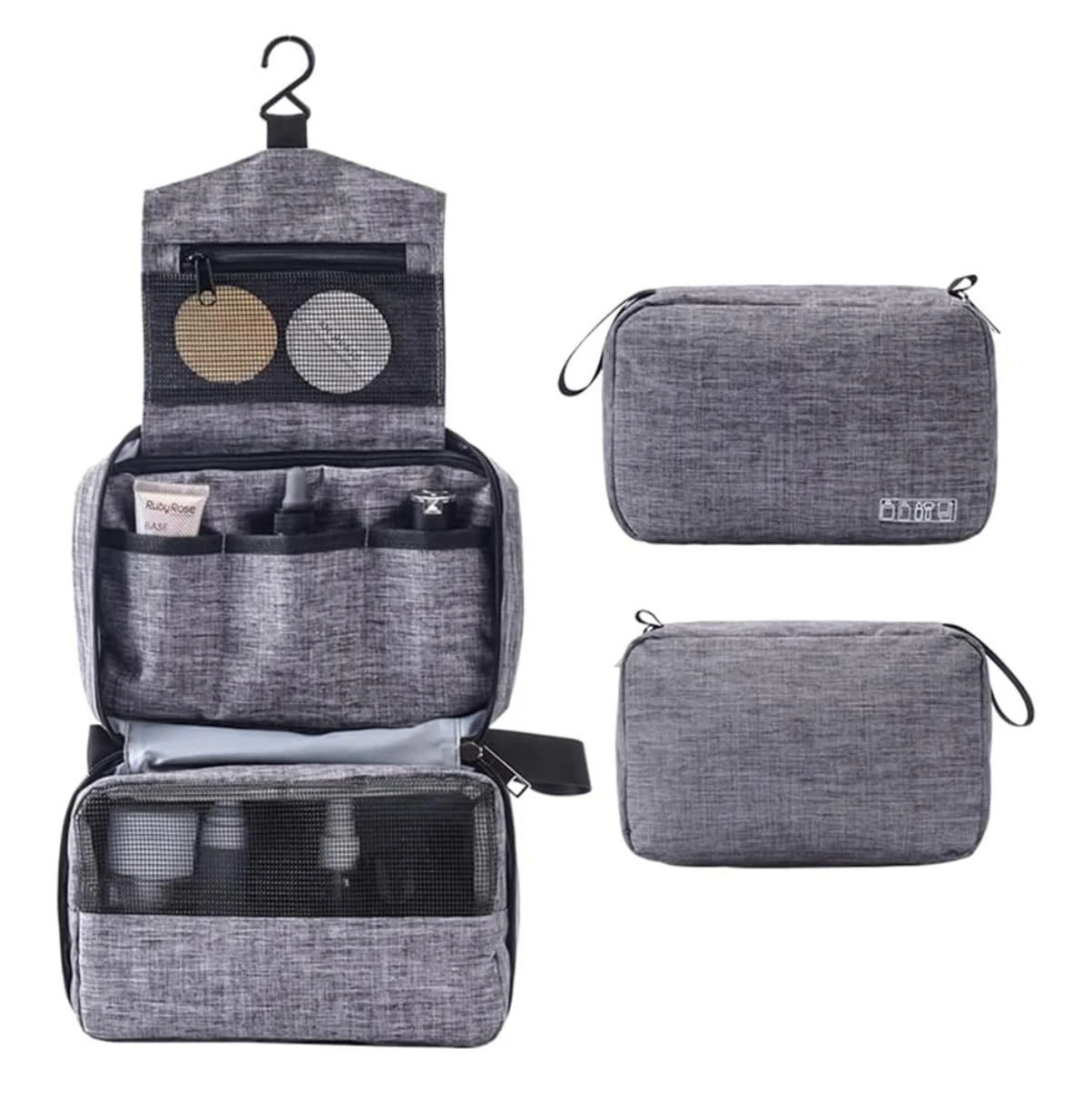 Neceser colgante de viaje para artículos de aseo personal, gris, con múltiples compartimentos.