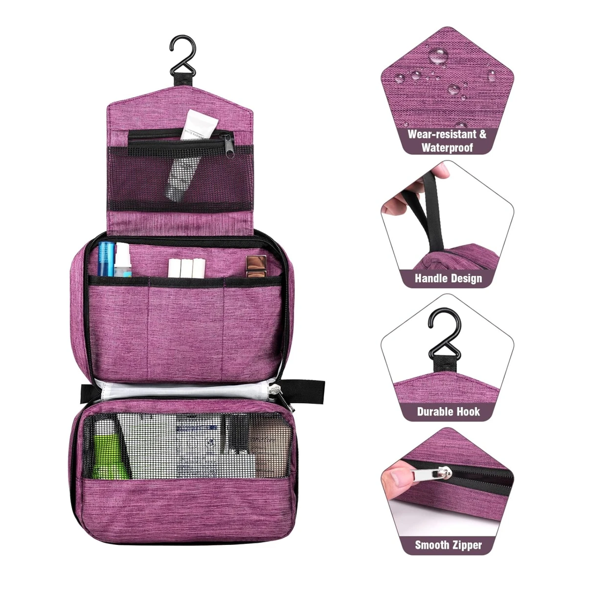 Neceser colgante de viaje morado con múltiples compartimentos y gancho para colgar.