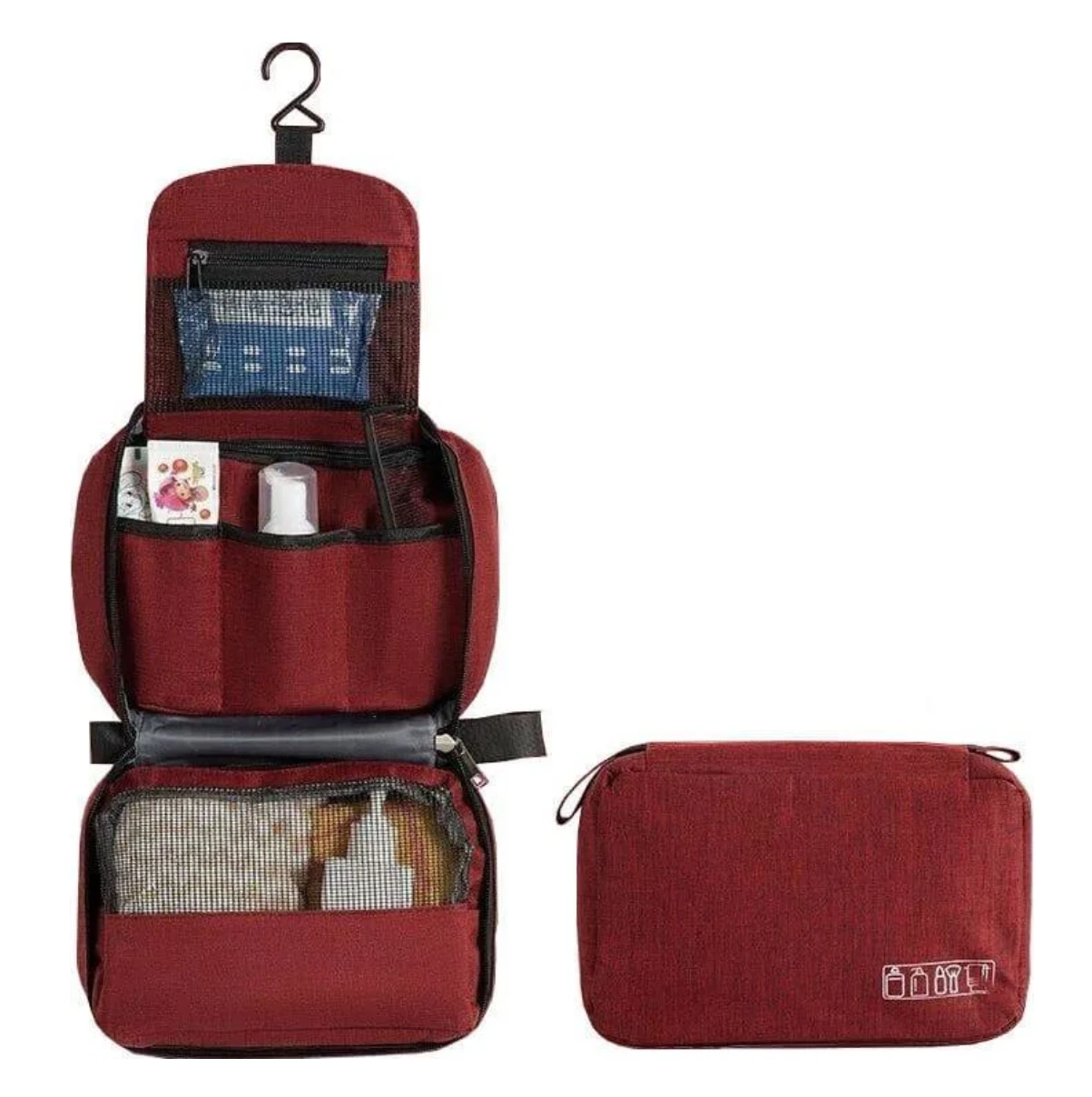 Neceser colgante de viaje en tono vino cata, con múltiples compartimentos y organizador para aseo personal.