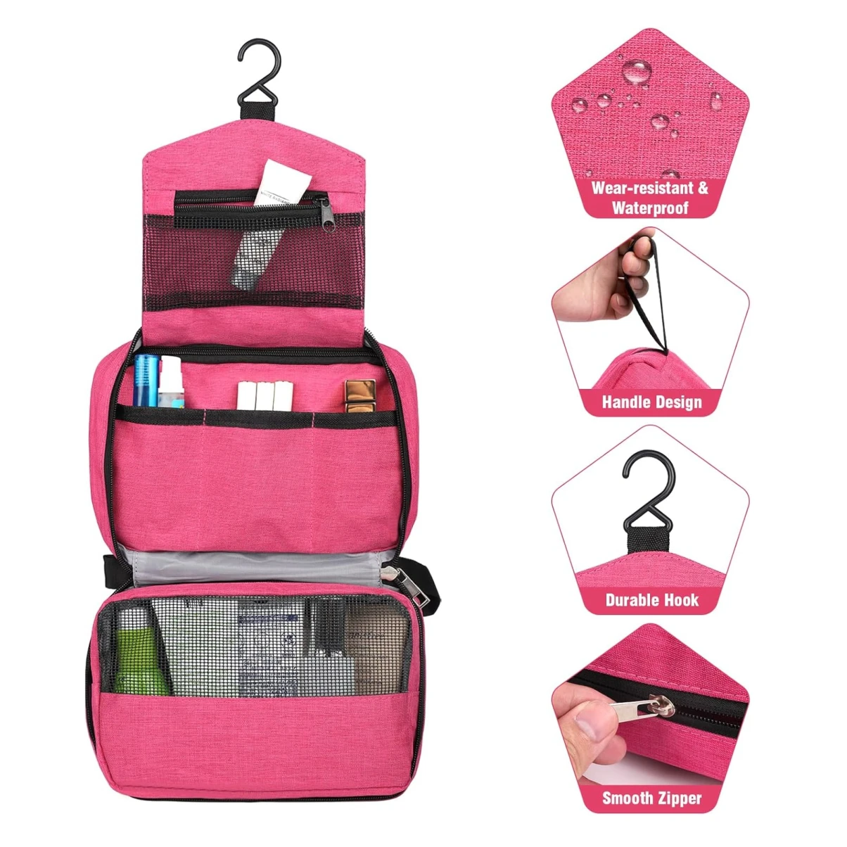 Neceser colgante de viaje rosa con compartimentos y gancho resistente.