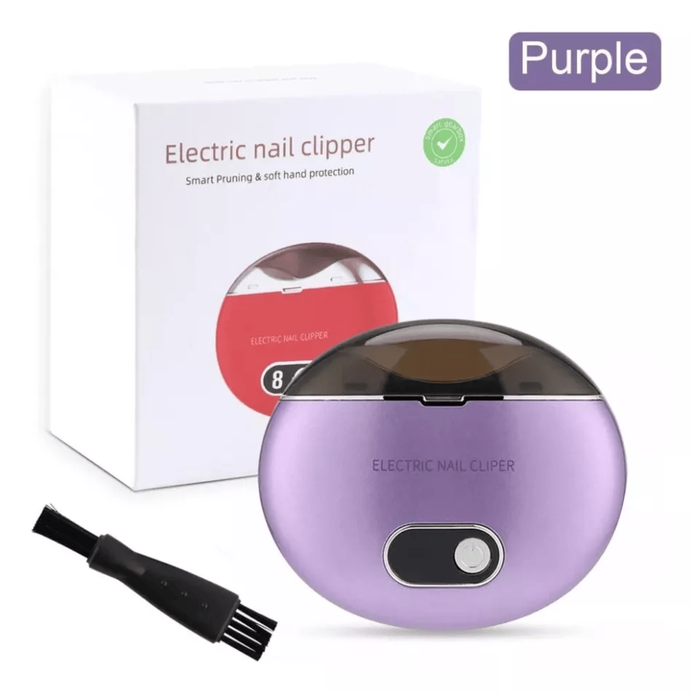 Cortaúñas eléctrico púrpura con cepillo limpiador y caja, diseño ergonómico para cuidado de manos.