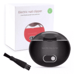 Cortaúñas eléctrico negro automático con cepillo y caja, ideal para un corte seguro.