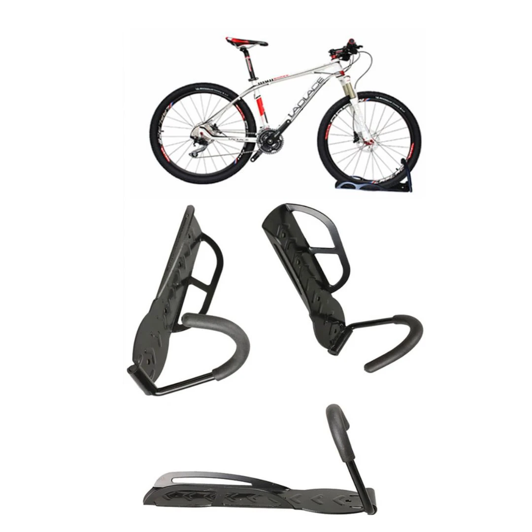 Soporte de pared negro para bicicletas, diseño de gancho para colgar la rueda, ideal para almacenamiento.