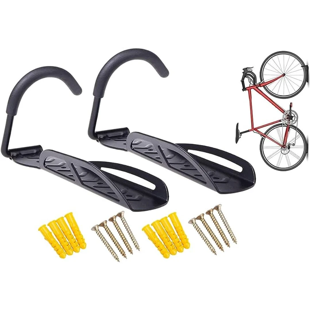 Soporte de pared para bicicletas, ganchos negros para colgar, con tornillos y tacos.