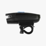 Linterna delantera negra para bicicleta Zx-860 con soporte ajustable, luz LED blanca y botón azul.