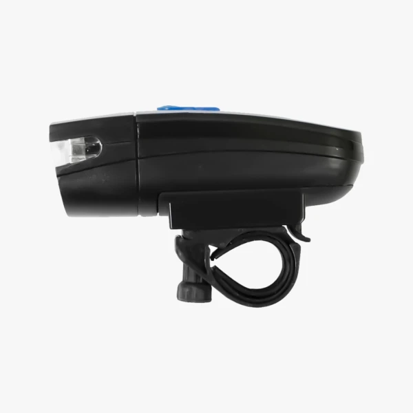 Linterna delantera negra para bicicleta Zx-860 con soporte ajustable, luz LED blanca y botón azul.