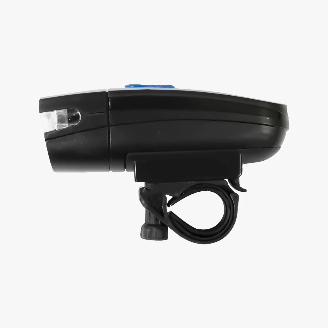 Linterna delantera negra para bicicleta Zx-860 con soporte ajustable, luz LED blanca y botón azul.