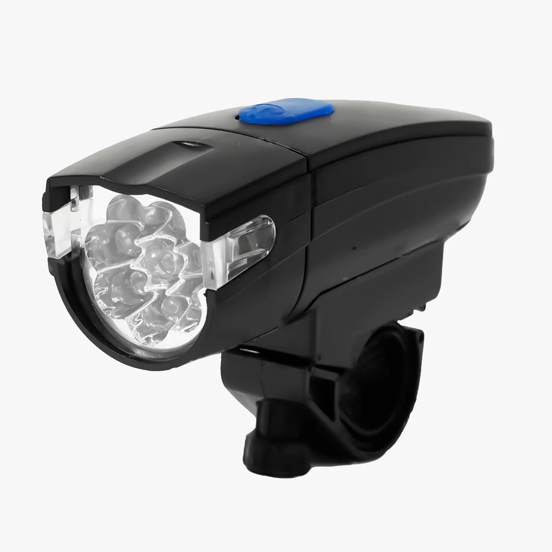 Linterna frontal para bicicleta Zx-860 negra con 4 LEDs potentes y botón azul.