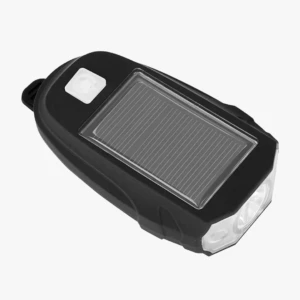 Luz para bicicleta con panel solar recargable, frontal blanco y negro.