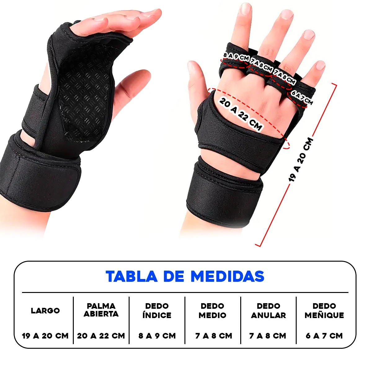Guantes calleras unisex GCUNX con muñequeras ajustables y tabla de medidas para fitness.