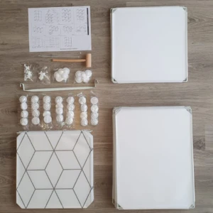 Armario organizador de 6 módulos blanco, piezas de ensamblaje, martillo y manual.