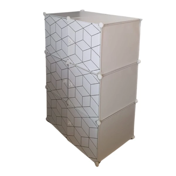 Armario organizador blanco de 6 módulos con diseño geométrico, ideal para espacios pequeños.
