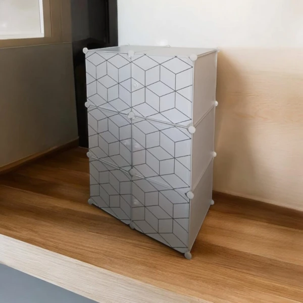 Armario organizador blanco 6 módulos con diseño geométrico, ideal para almacenamiento en hogar.