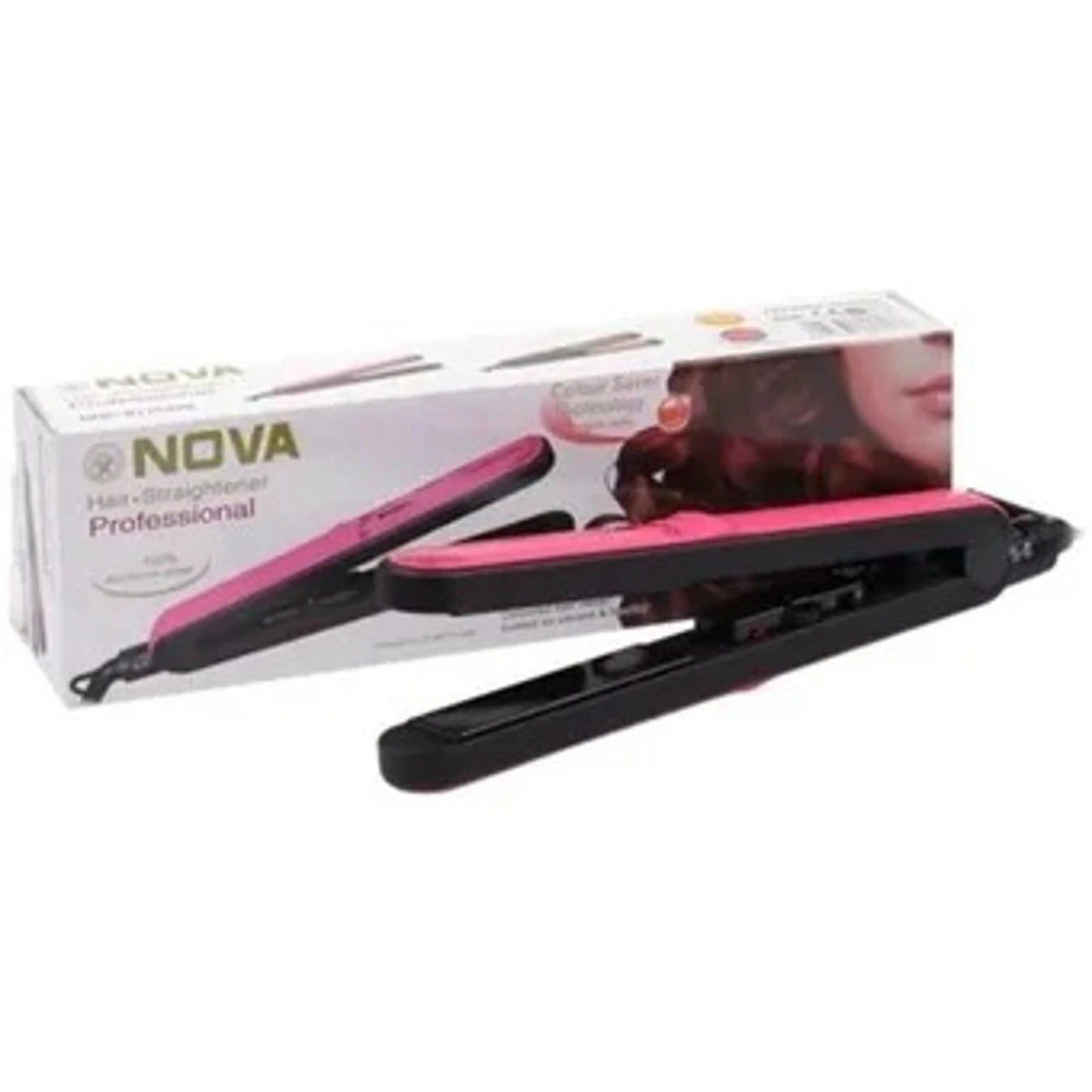 Plancha profesional Nova para cabello, color rosa y negro, en su empaque.