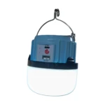 Lámpara de camping LED azul colgante con puerto USB de entrada y salida.