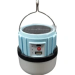 Lámpara de camping solar azul con salida USB y gancho, portátil y recargable.