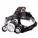 Lámpara frontal minera para pesca y actividades al aire libre con tres luces LED potentes.